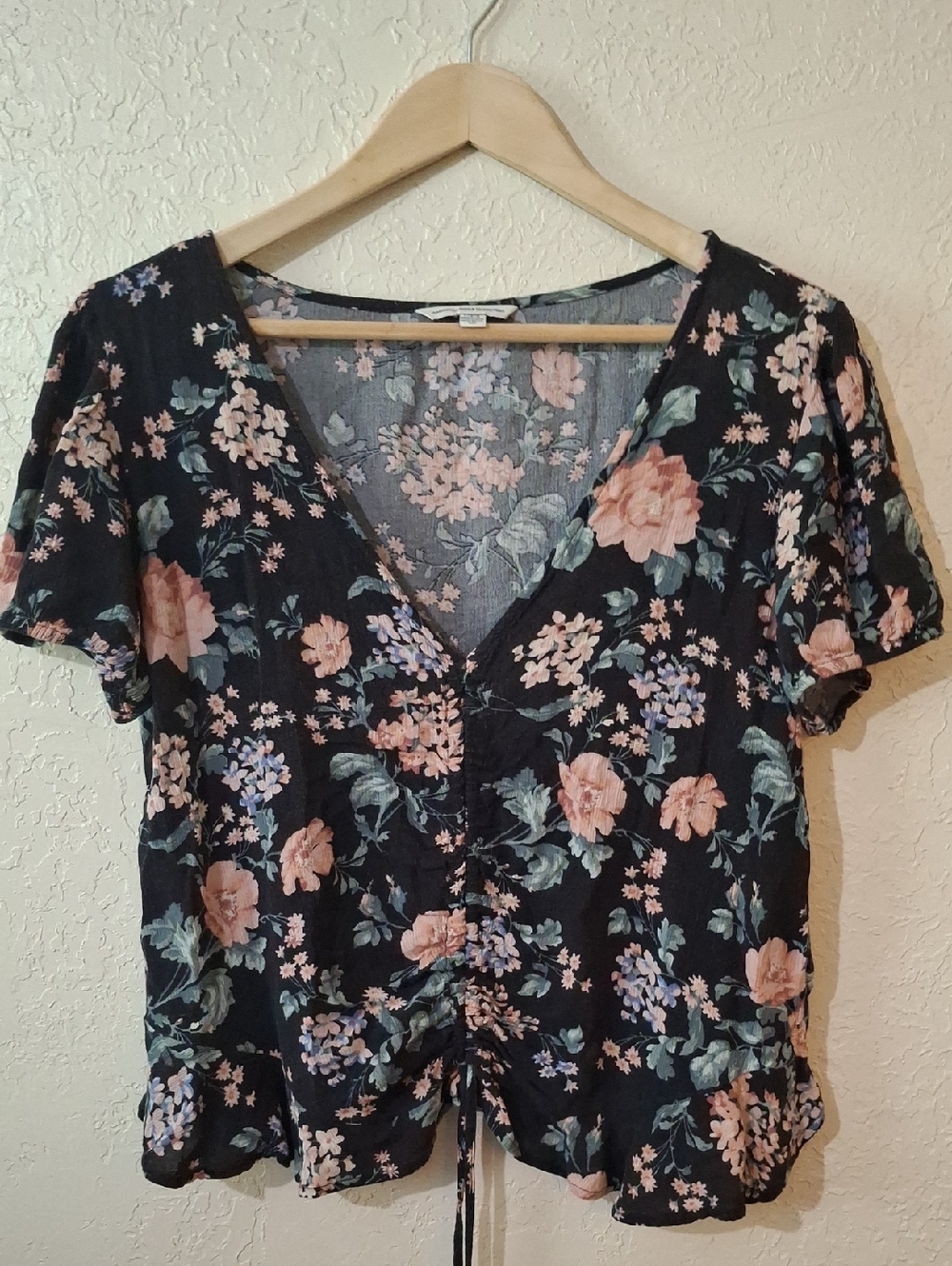 American Eagle Outfitters Black Top with Peach and Light Blue Floral Print